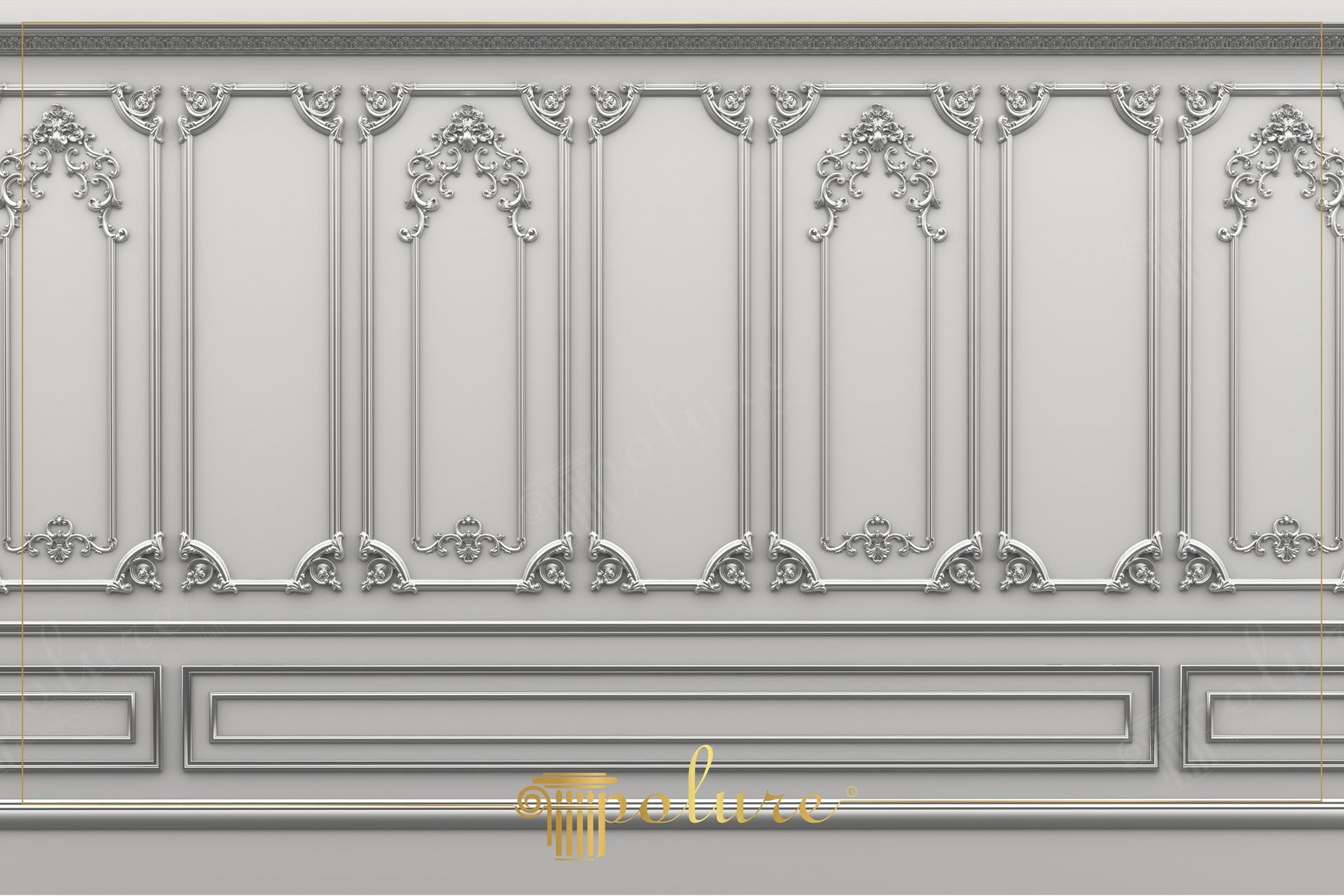 Decorazione parete neoclassica con rilievi in poliuretano Polure, cornici P80115, P85008 e pannelli grigi eleganti.