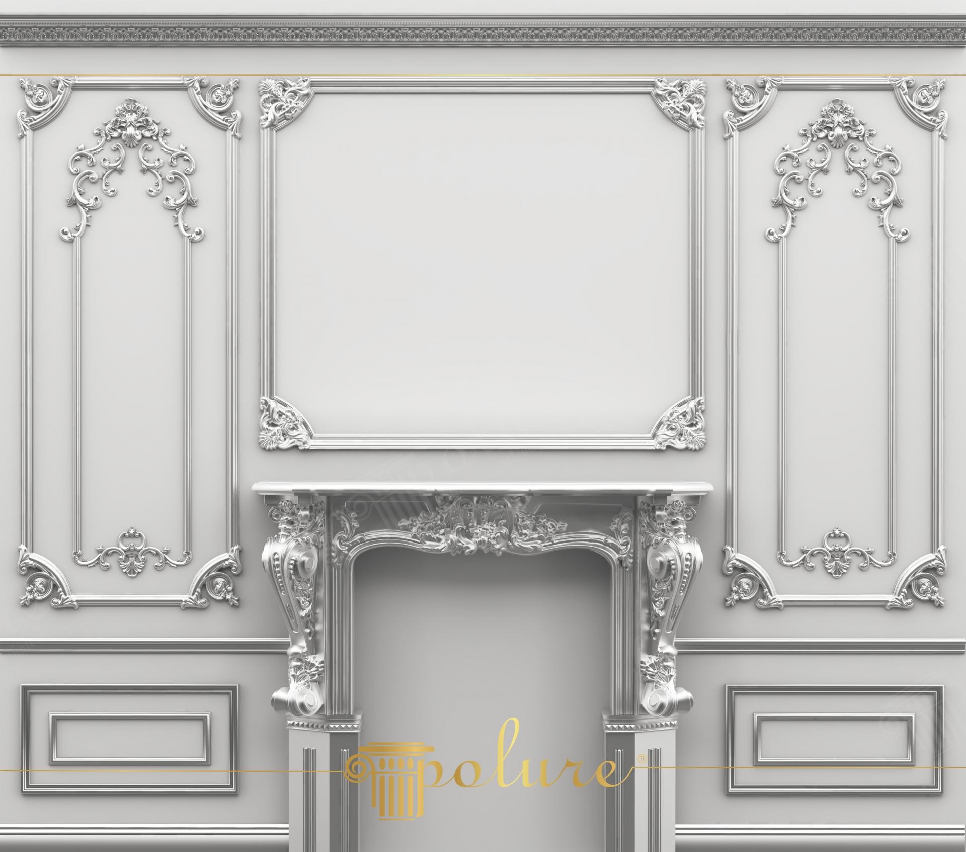 Esempio di decorazione d'interni con camino in poliuretano P2900A e boiserie neoclassica Polure in tonalità grigio monocromatico.