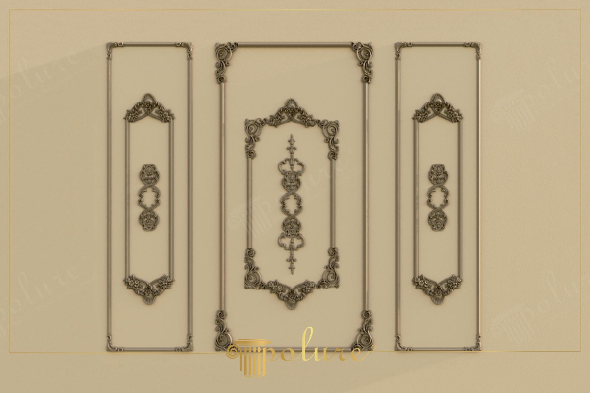 Decorazione parete neoclassica con cornici in poliuretano Polure P85002, P85008 e motivi decorativi centrali.