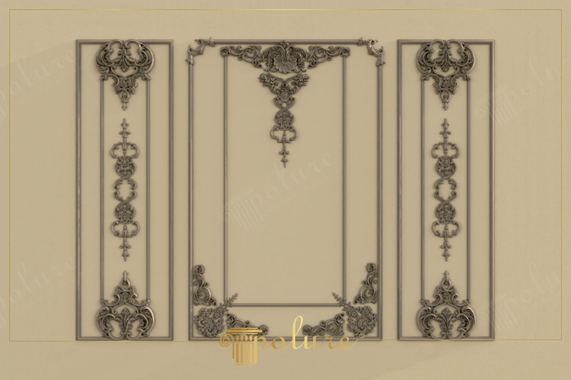 Design parete neoclassico con motivi in rilievo in poliuretano Polure P8135A e P80111 in un interno di lusso.