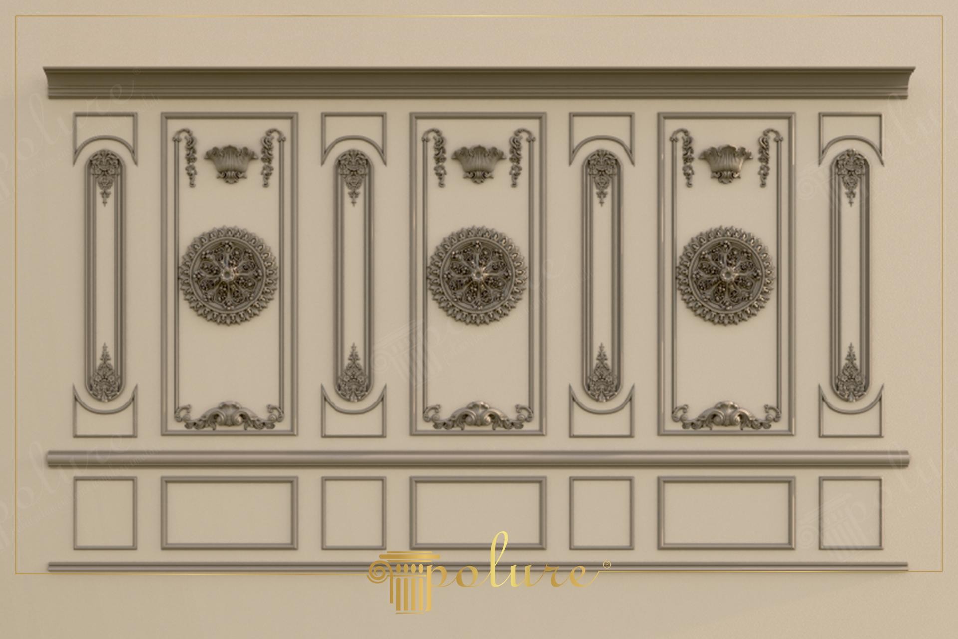 Decorazione murale neoclassica con boiserie e modanature in poliuretano Polure, inclusi rosoni P85002 e fregi eleganti.