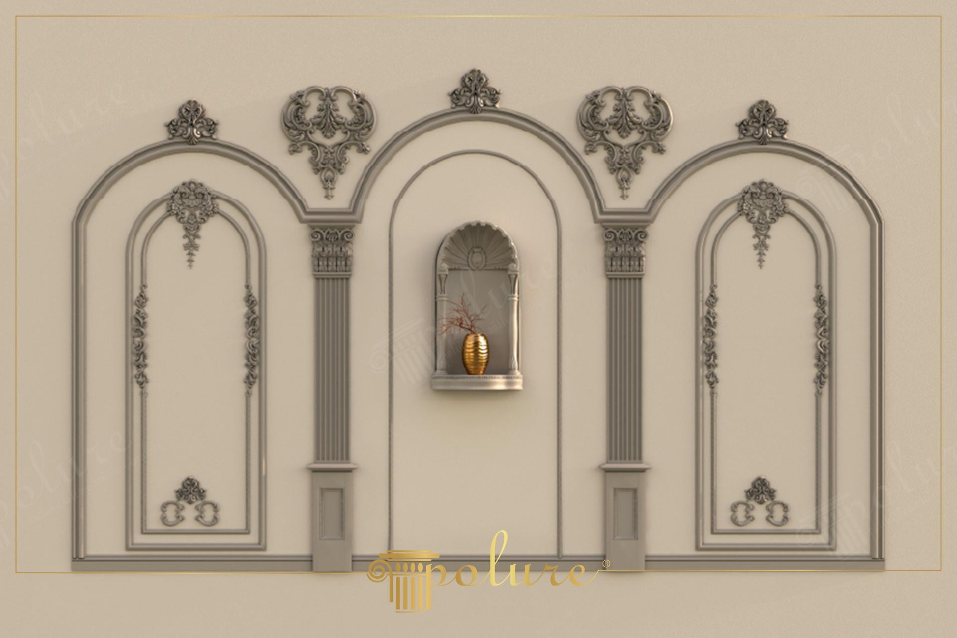Neoclassical interior wall decoration featuring Polure polyurethane pilaster columns, decorative niche, and arched moldings in beige.