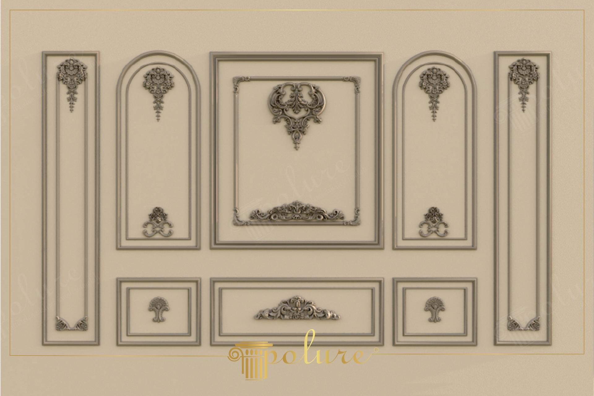 Design di pareti interne neoclassiche con motivi decorativi in poliuretano Polure P2833 e boiserie P85008.