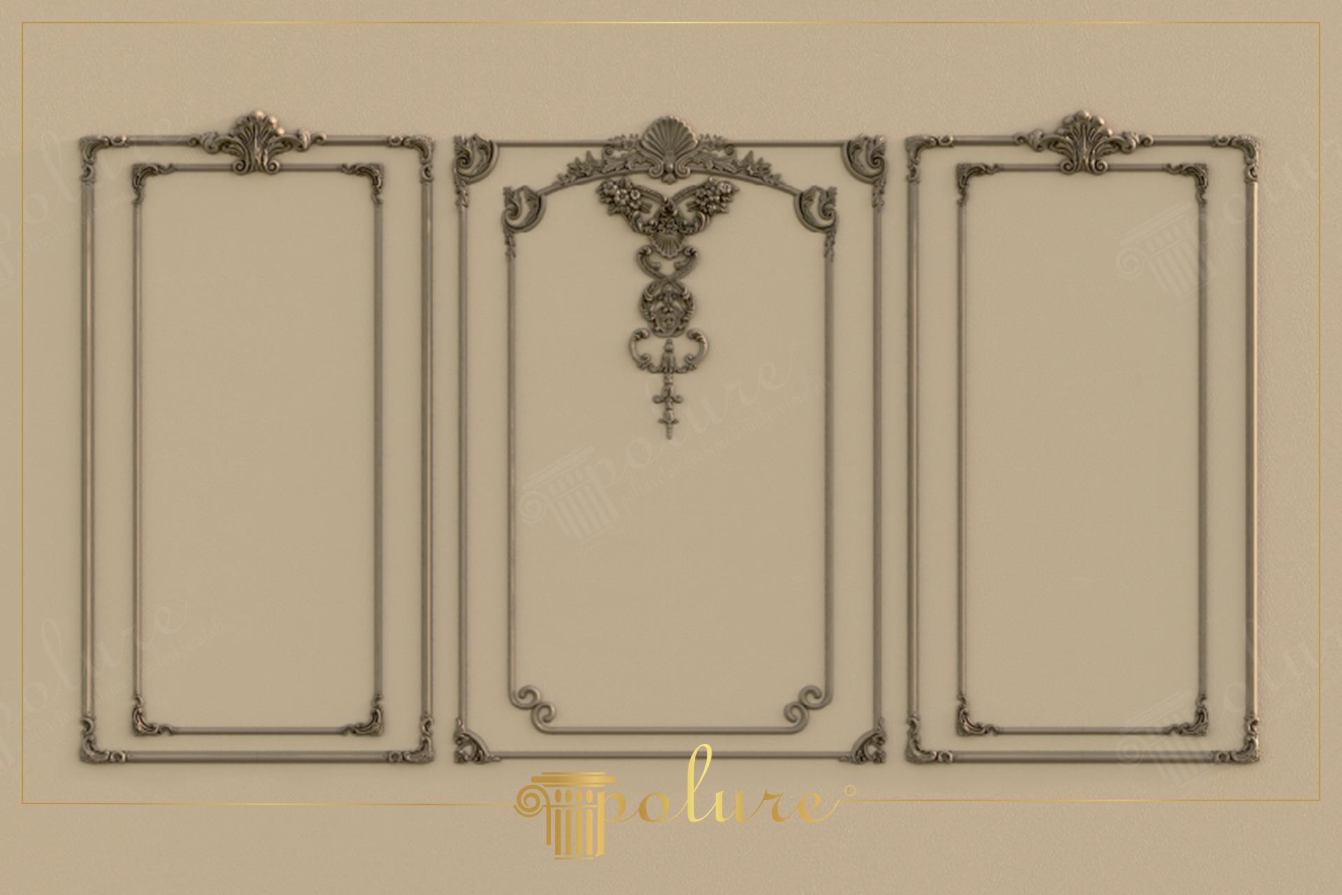 Pannelli decorativi neoclassici Polure con motivo centrale P85008 e rilievi in poliuretano in un interno beige elegante.