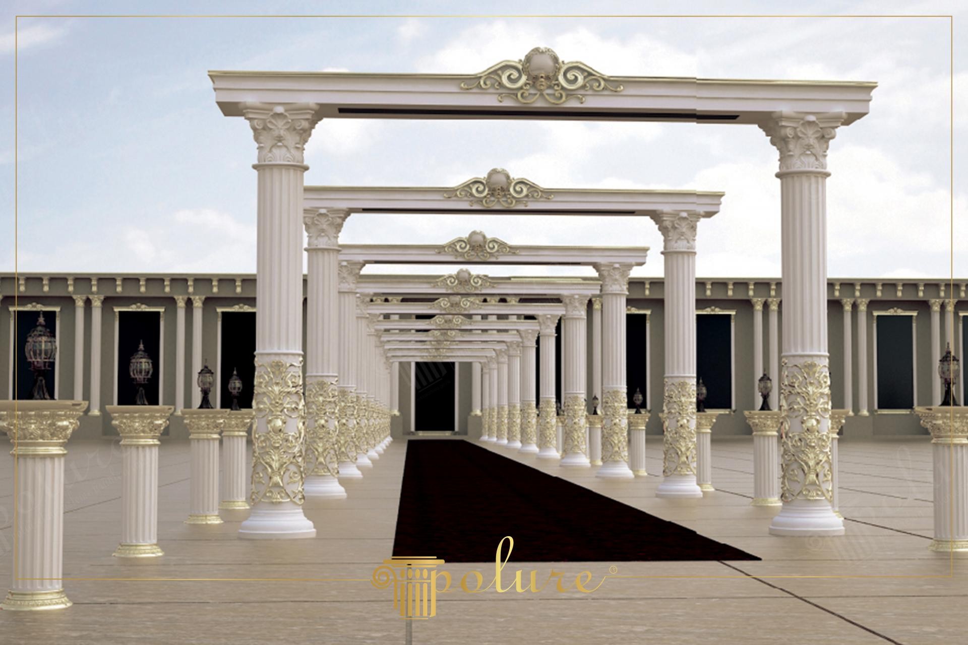 Corridoio esterno Polure in poliuretano con colonne P5240, pannelli decorativi oro P5840 e capitelli P2839 di alta qualità.