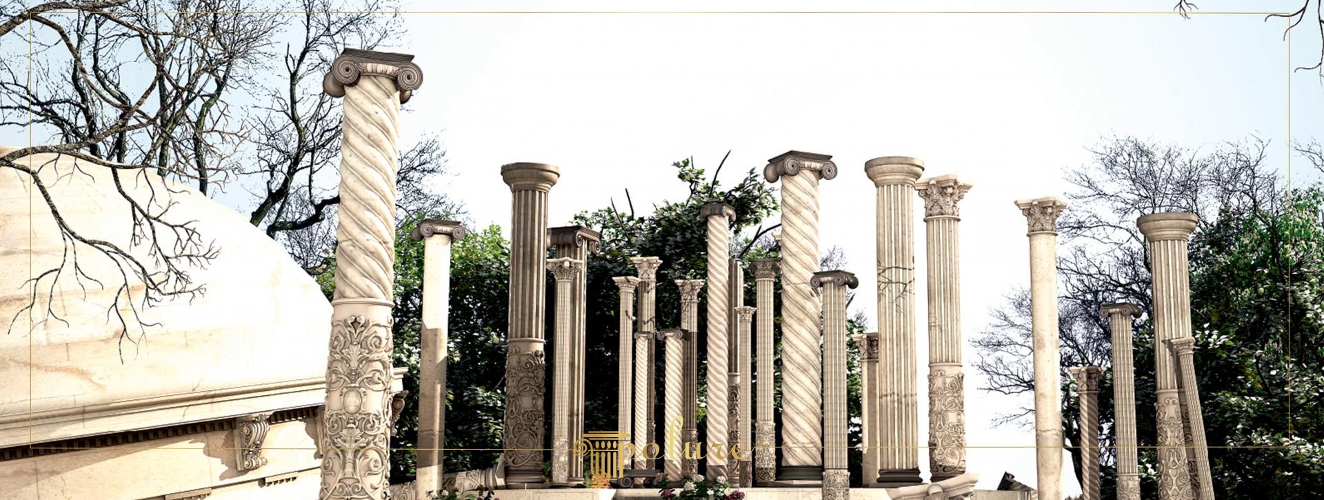 Colonne esterne in poliuretano Polure con design elicoidale P5540 e scanalato P5840 in un contesto di giardino.
