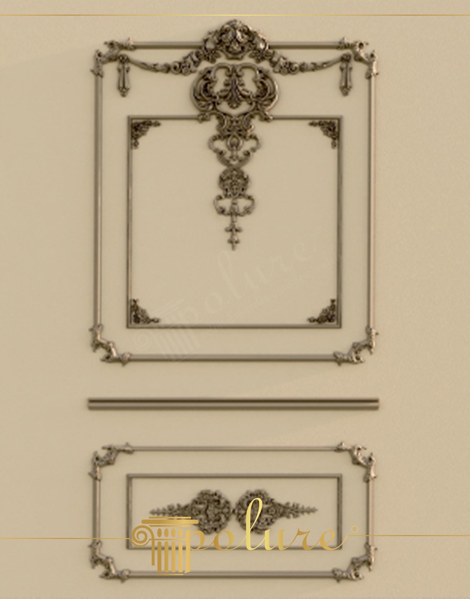 Decorazione murale neoclassica con cornici in poliuretano Polure, motivi a rilievo e finiture metalliche su fondo beige.