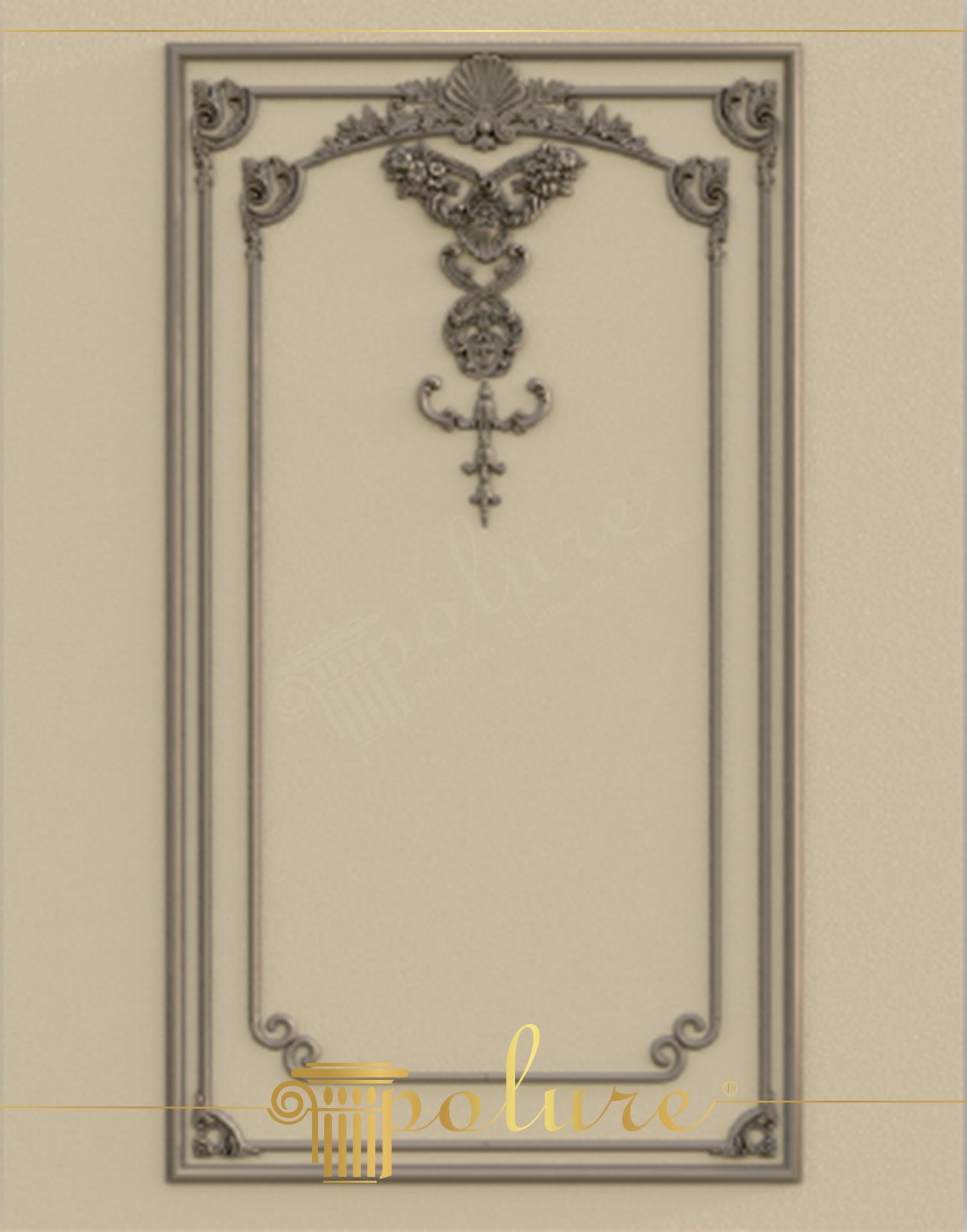 Neoclassical wall design featuring anthracite polyurethane moldings P85008 and P85002 on a matte beige background.
