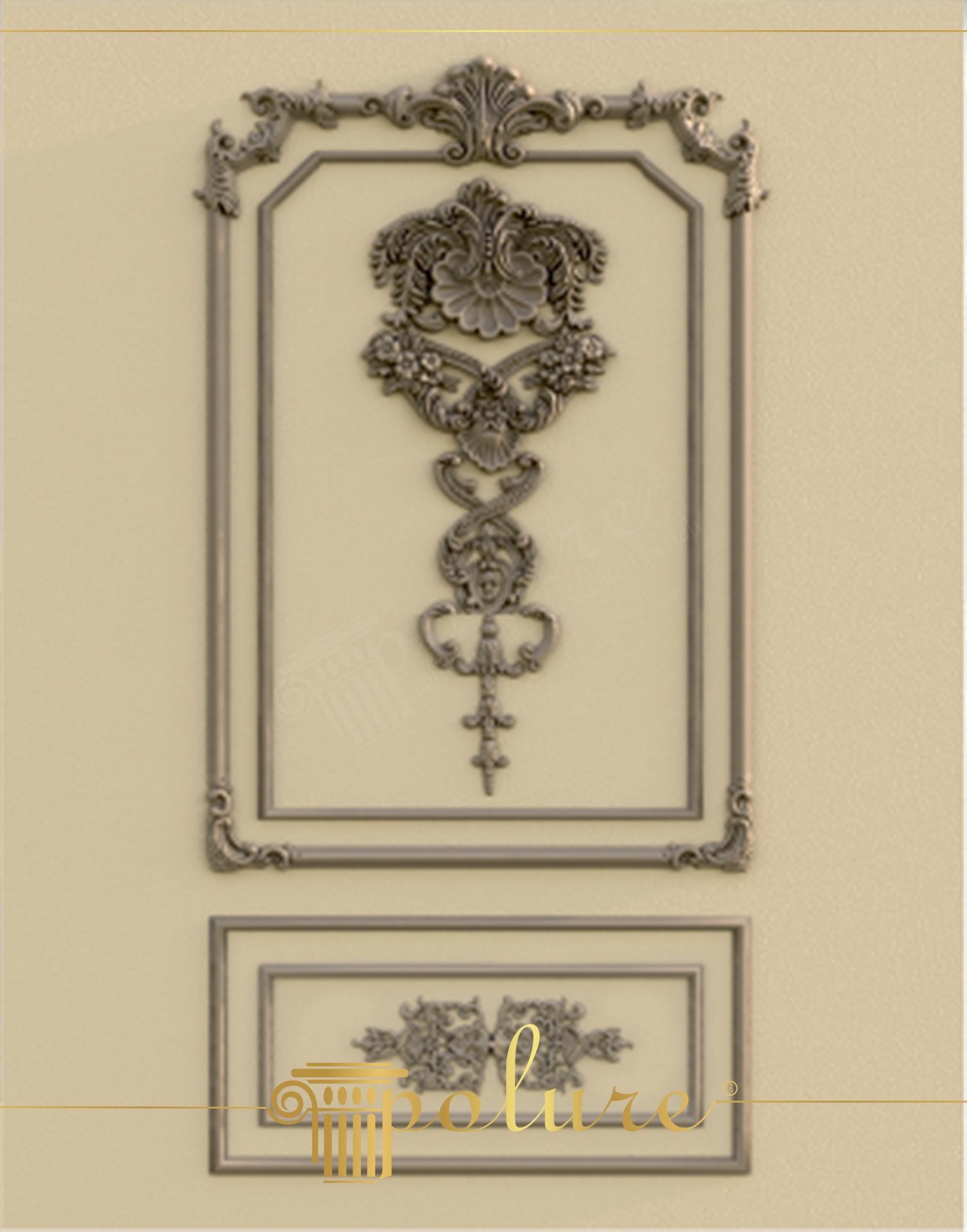 Neoclassical interior wall featuring Polure polyurethane moldings P85002, central applique P8099, and decorative corner motifs.