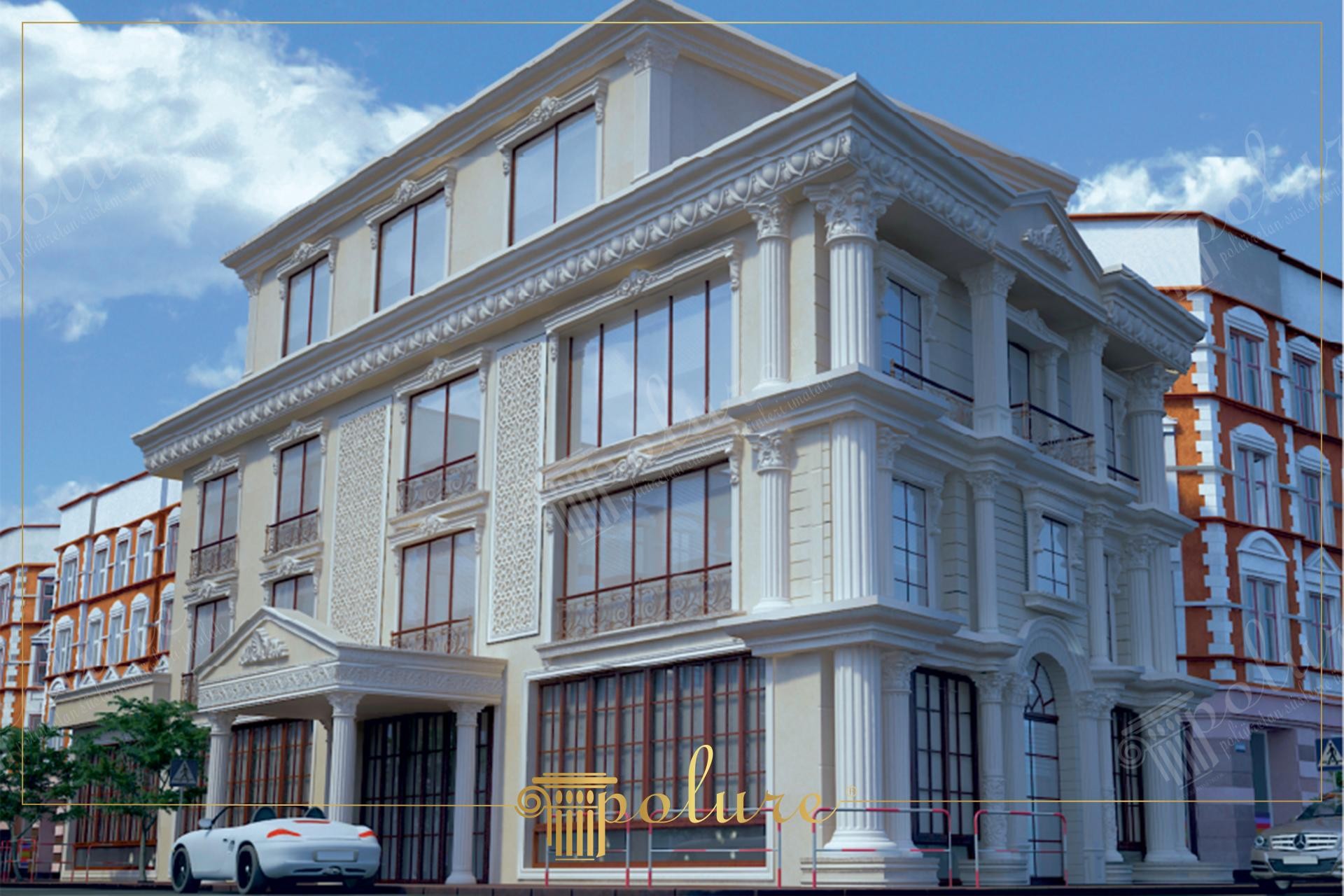 Facciata di villa neoclassica con colonne in poliuretano Polure, mostrine decorative per finestre e ornamenti architettonici.