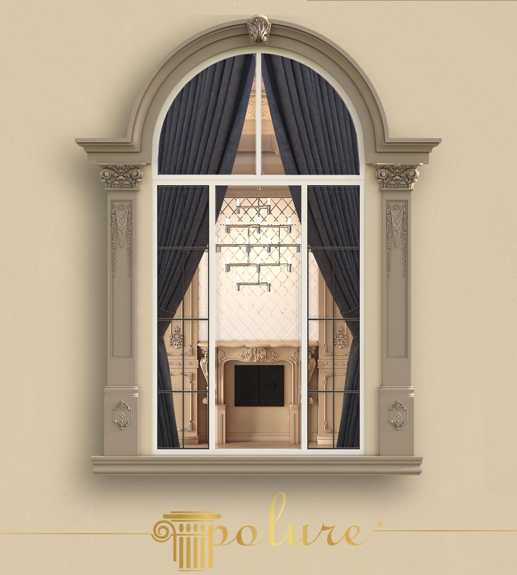 Design per esterni neoclassico con stipiti ad arco in poliuretano Polure, pilastri P5024 e chiave di volta P1454.