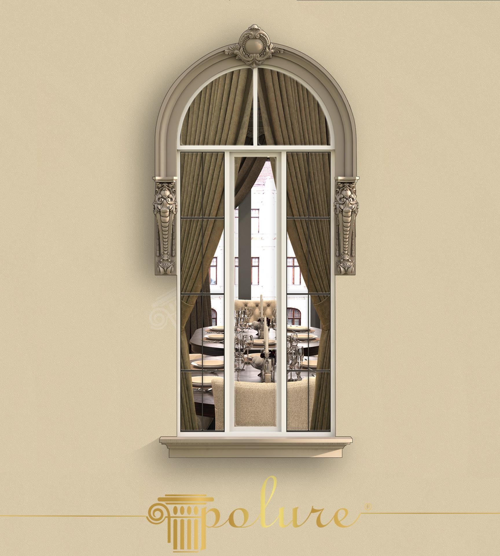 Design classico per esterni con cornici ad arco Polure in poliuretano, chiave di volta P6066 e mensole ornate P1456D160VIA.