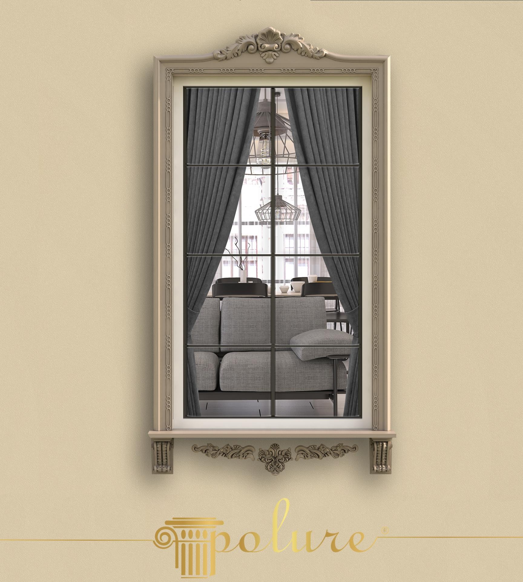 Design della cornice per finestra neoclassica con corona Polure P215A, profili P82058 e mensole decorative P6006.