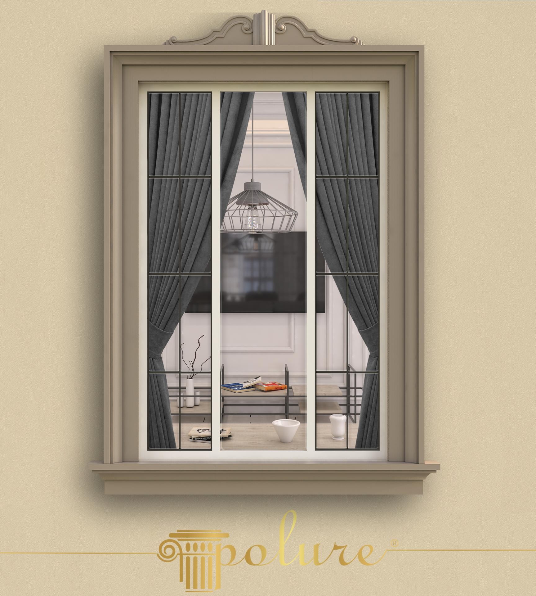 Design di finestre esterne neoclassiche con corona decorativa Polure P1456 e cornici in poliuretano P6041 in toni visone.