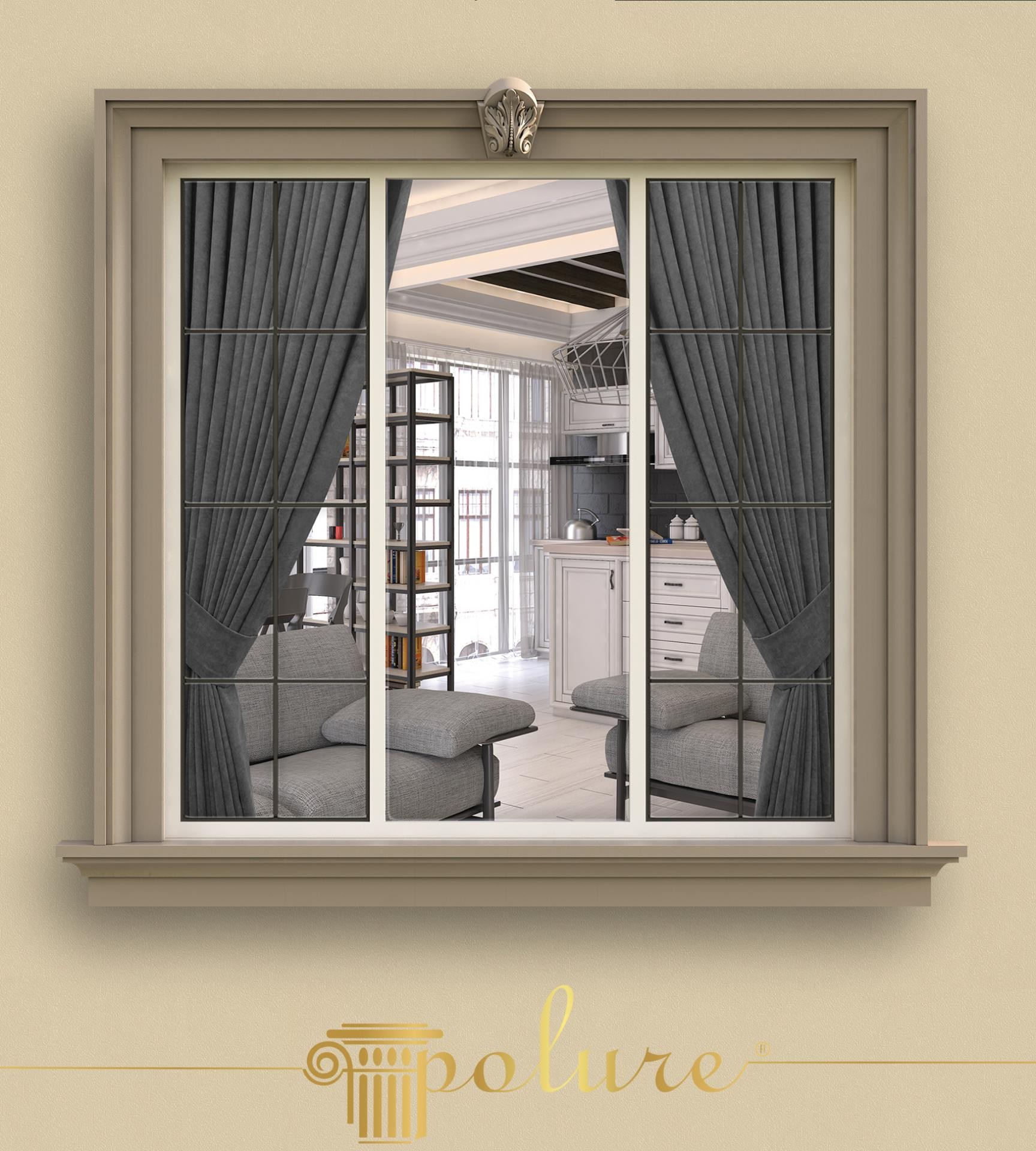Design di finestra neoclassica con frontone decorativo Polure P9001 e cornici in poliuretano P1456 su facciata color visone.