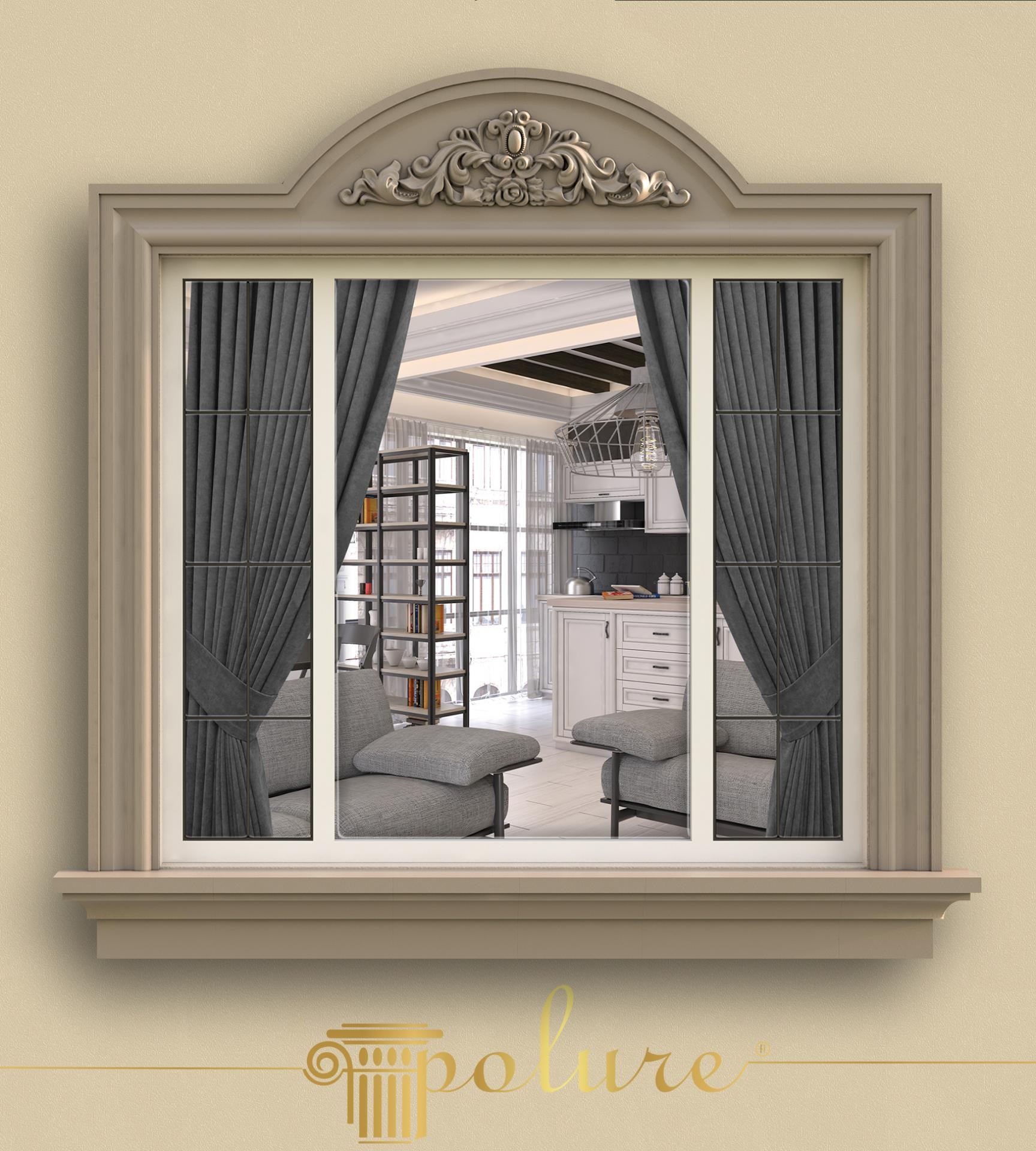 Design di finestre esterne neoclassiche con corona floreale Polure P1454A e cornici decorative in poliuretano P1458.