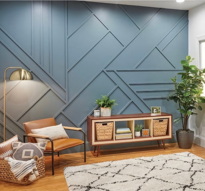 Geometrik Poligon Duvar Çıtalaması ile Modern Salon Tasarımı