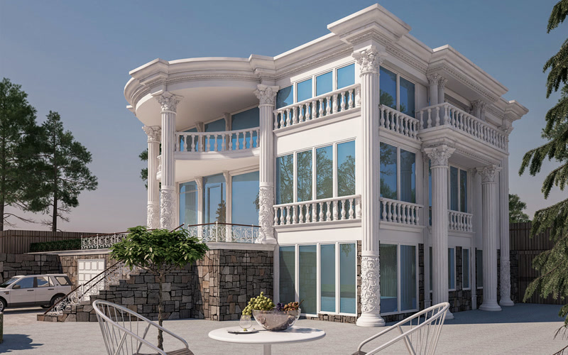 Neoclassical White Villa Exterior Design with Polyurethane