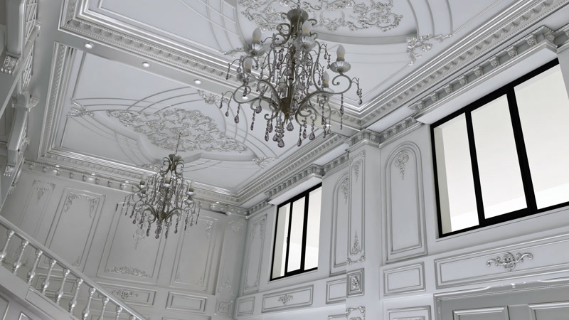 Neoclassical Office Ceiling Design with Silver Accents | Polure