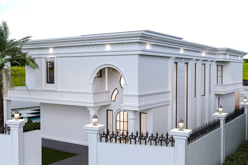 Neoklasik Beyaz Villa Cephesinde Modern Poliüretan Dokunuşlar