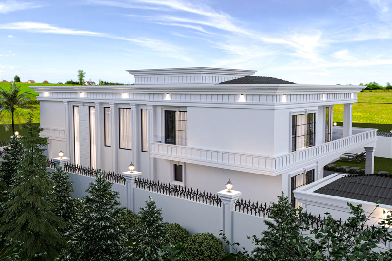 Beyaz neoklasik villanın dış cephesinde kullanılan poliüretan pilaster sütunlar ve pencere söve süslemeleri.