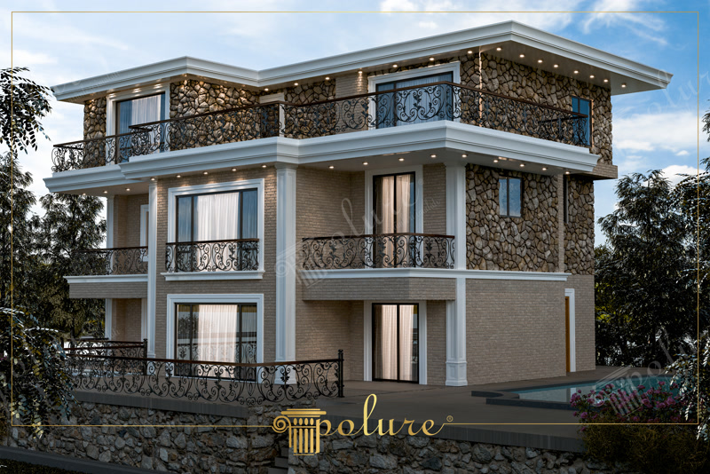 Doğal Taş ve Beyaz Söve Geçişli Modern Villa Dış Cephe