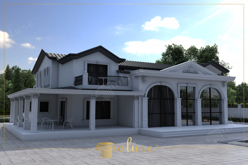 Geniş verandalı, kemerli pencereli ve poliüretan sütunlu beyaz klasik villa dış cephe tasarımı.