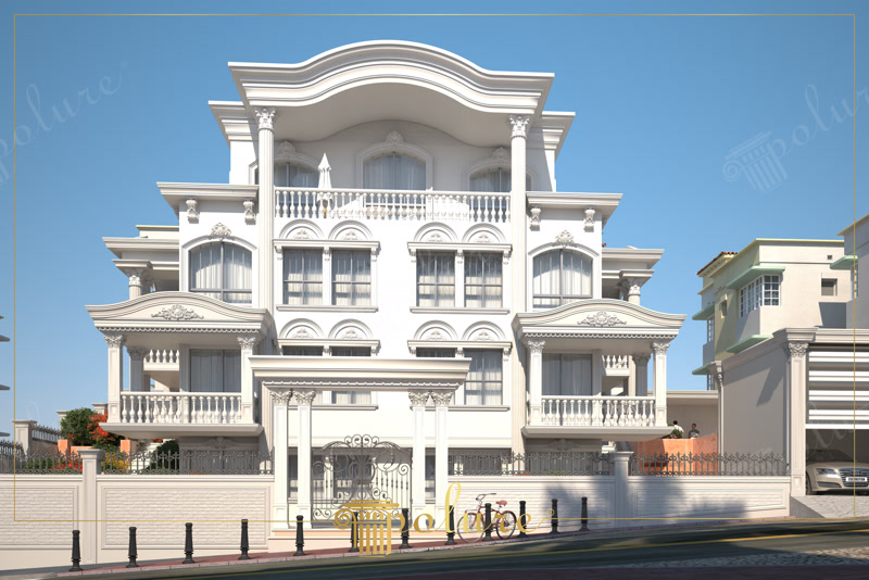 Beyaz neoklasik villa dış cephesinde poliüretan sütunlar, kemerli pencereler ve dekoratif balkon korkulukları.