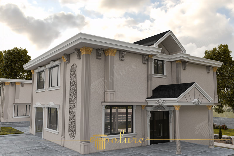 Altın varaklı Korint sütun başlıkları ve beyaz sövelerle dekore edilmiş bej renkli modern villa dış cephesi.