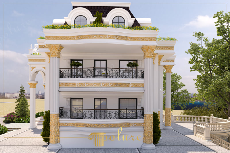 Neoklasik Villa Cephesinde Altın Detaylı Poliüretan Tasarım