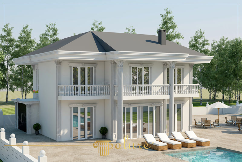 Neoklasik Villa Mimarisi İçin Sütunlu ve Havuzlu Cephe Tasarımı