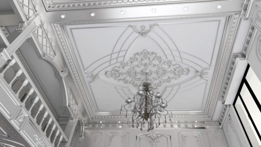 Design Ufficio Neoclassico con Soffitto e Pareti in Patina d'Argento