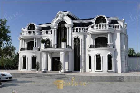 Design di Facciata Villa Neoclassica Bianca e Finestre ad Arco