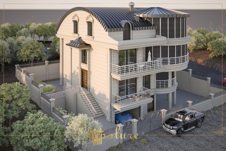Facciata di Villa Unifamiliare con Dettagli Moderni e Neo-Classici