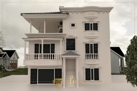 Rivestimento Facciata Villa a Tre Piani con Tocchi Neoclassici