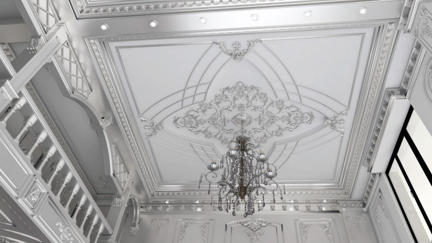 Design Ufficio Neoclassico con Soffitto e Pareti in Patina d'Argento