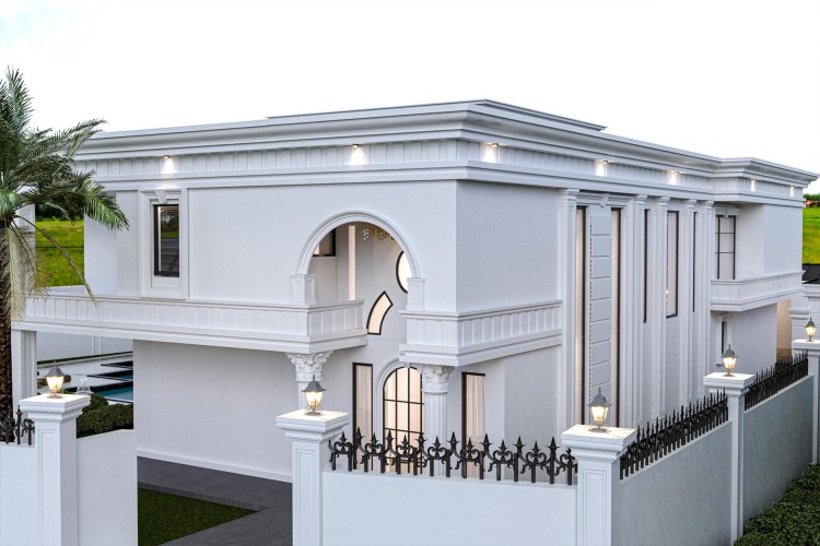 Modern Polyurethane Touches on Neoclassical White Villa Facades