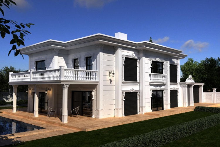 Neoclassical Villa Facade with Polyurethane Columns and Balustrades