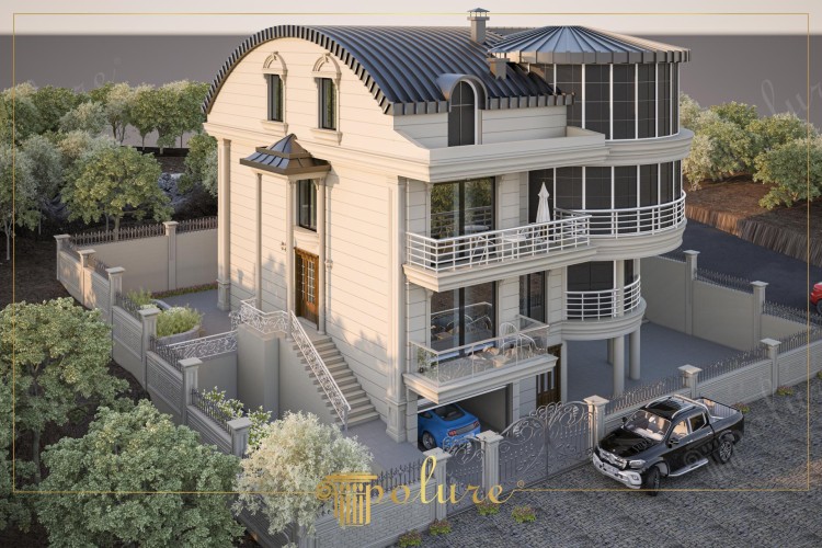 Facciata di Villa Unifamiliare con Dettagli Moderni e Neo-Classici
