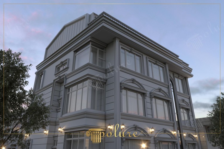 Anthracite Villa Facade: Blending Neoclassical and Modern Lines