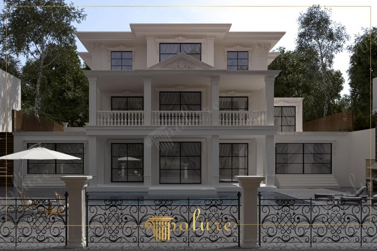 Architettura di Villa Neoclassica e Design di Mostrine a Bordo Piscina