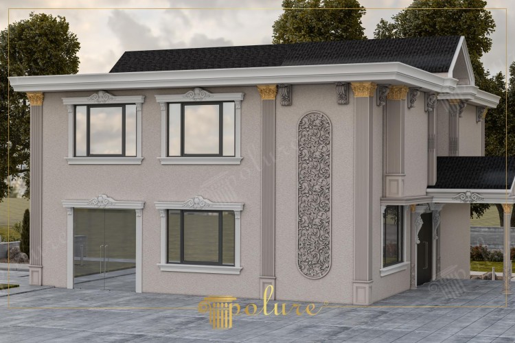 Design di Facciata per Villa Neoclassica con Rilievi e Colonne in Poliuretano