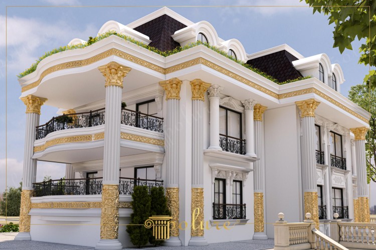 Design di Facciata Villa Classica con Colonne in Poliuretano e Oro