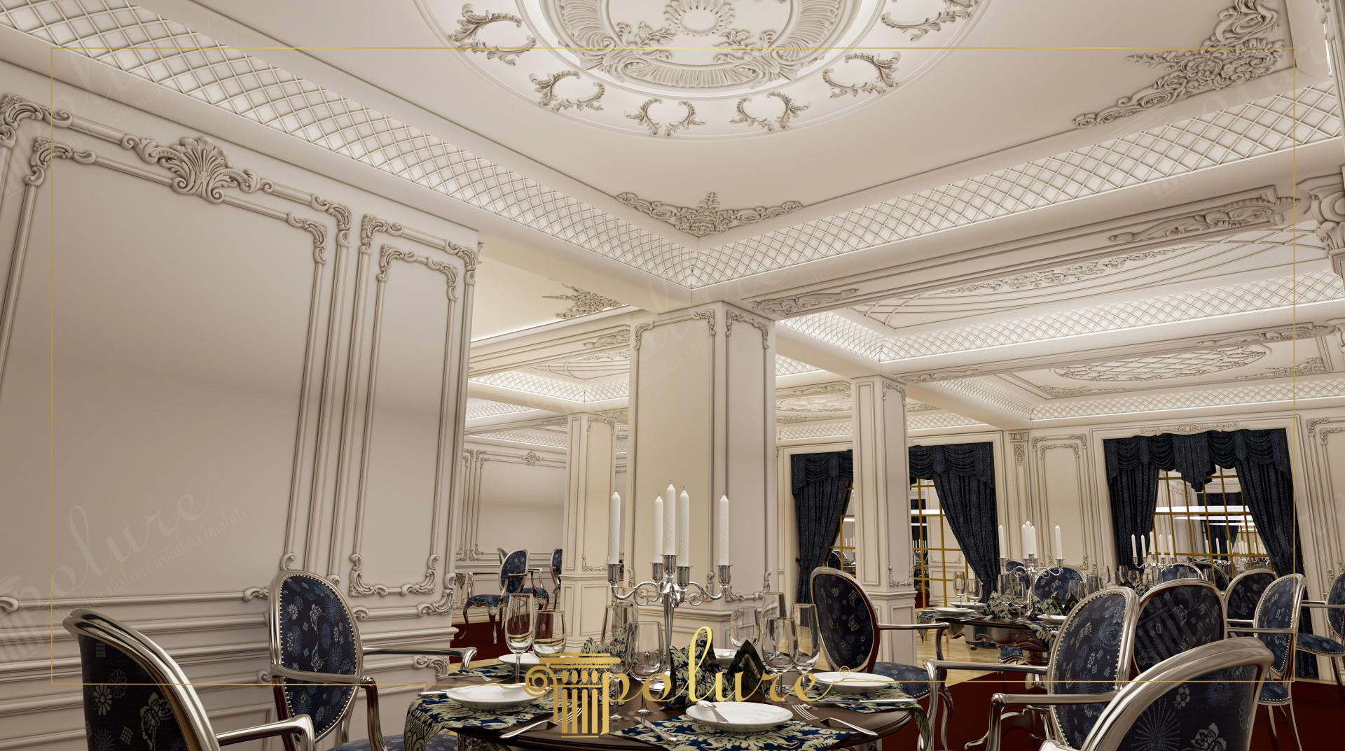 Interno di una lussuosa sala per matrimoni con rosoni, pannelli a grata e boiserie in poliuretano Polure.