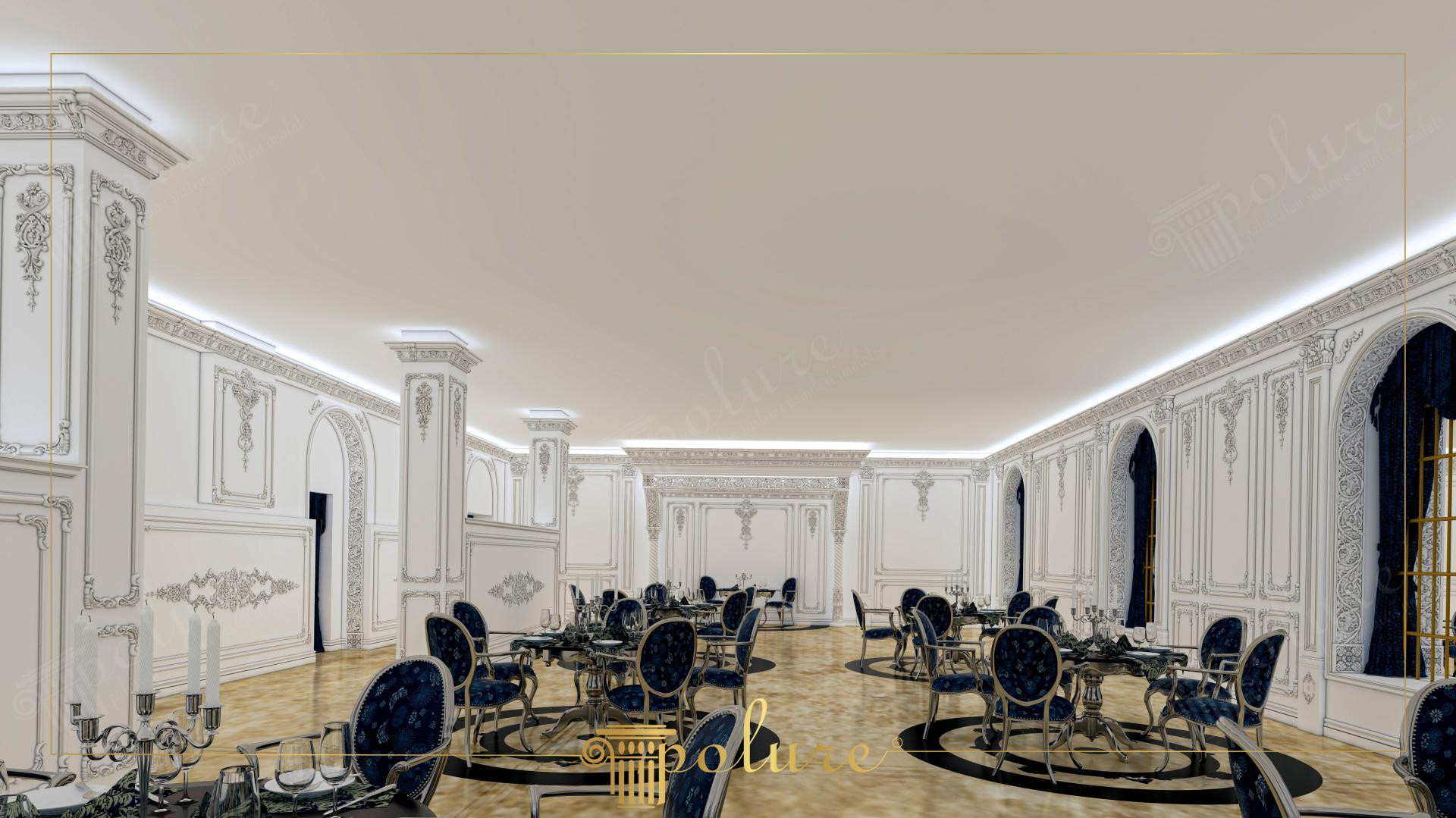 Interno di una lussuosa sala matrimoni neoclassica con modanature in poliuretano bianco Polure e colonne decorative.