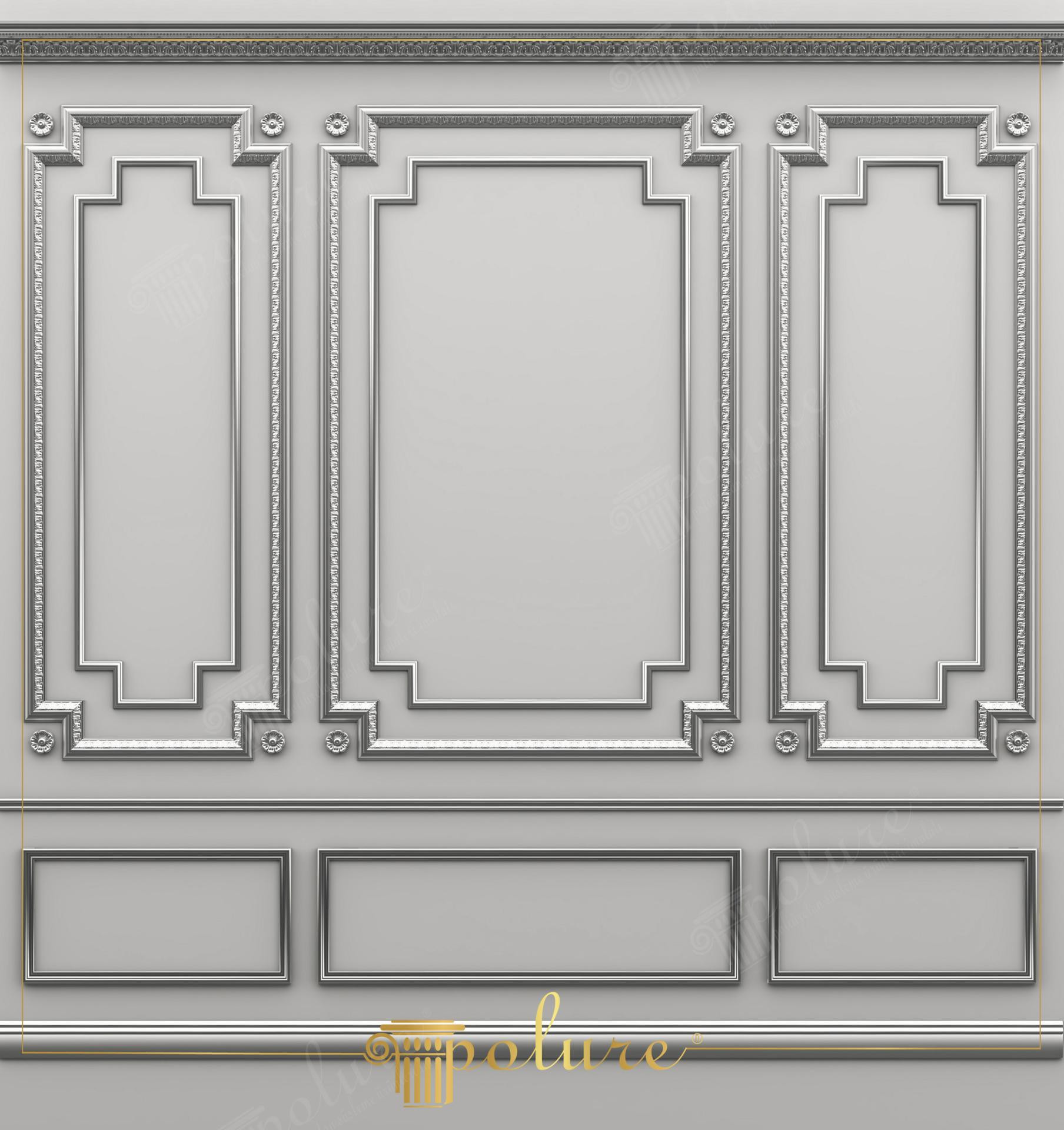 Design moderno per pareti con boiserie in poliuretano grigio opaco, profili argento P81160 e decorazioni angolari P8614C.