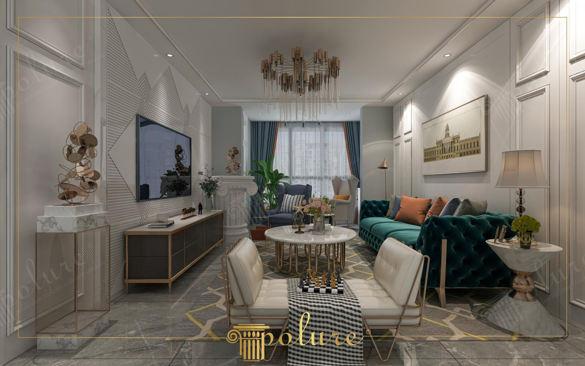 Soggiorno moderno con pannelli murali geometrici in poliuretano Polure P36060, divano verde smeraldo e boiserie eleganti.