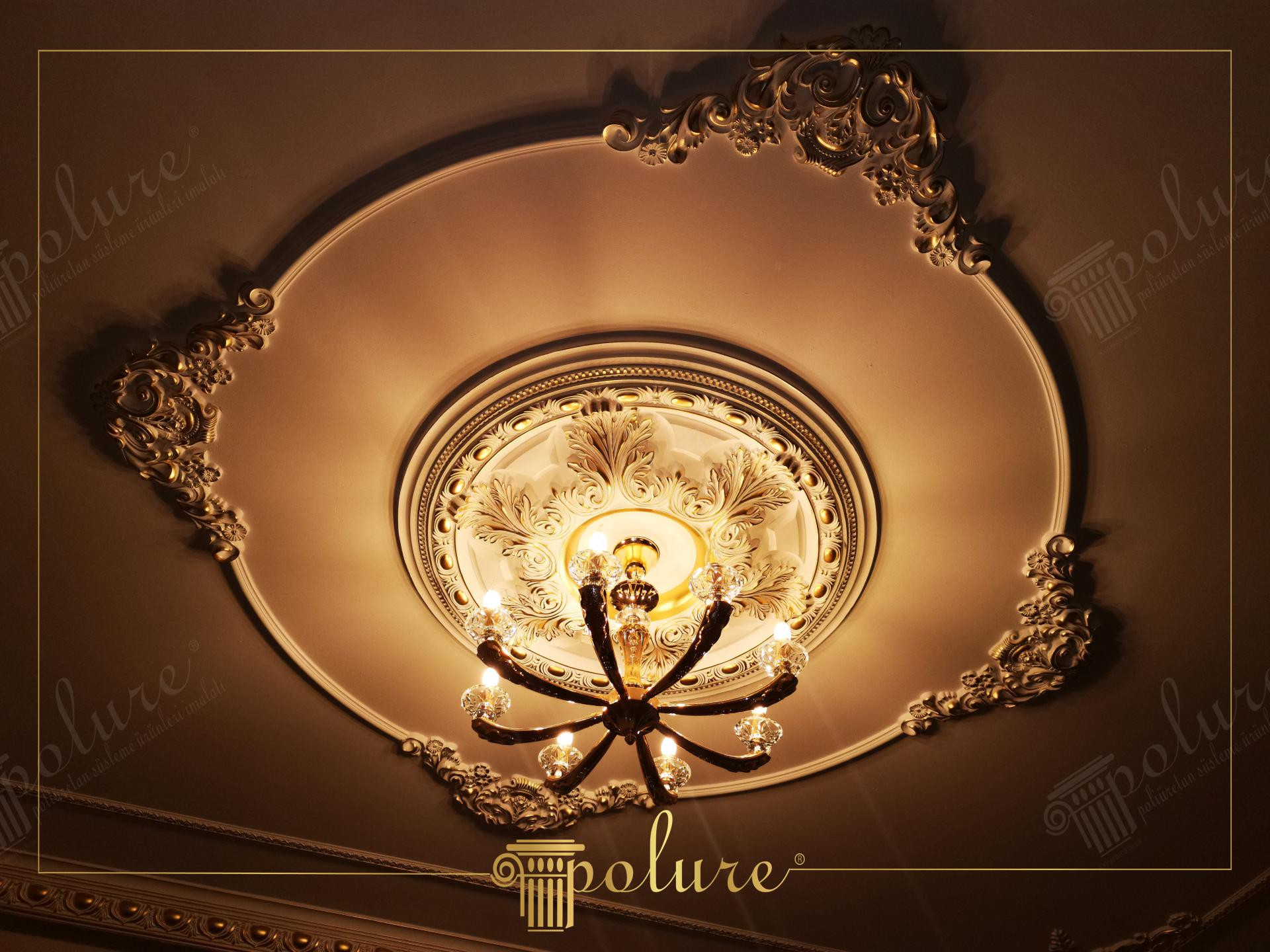Baroque living room ceiling with Polure P7168 medallion and P8046 profiles featuring gold leaf polyurethane decorations.