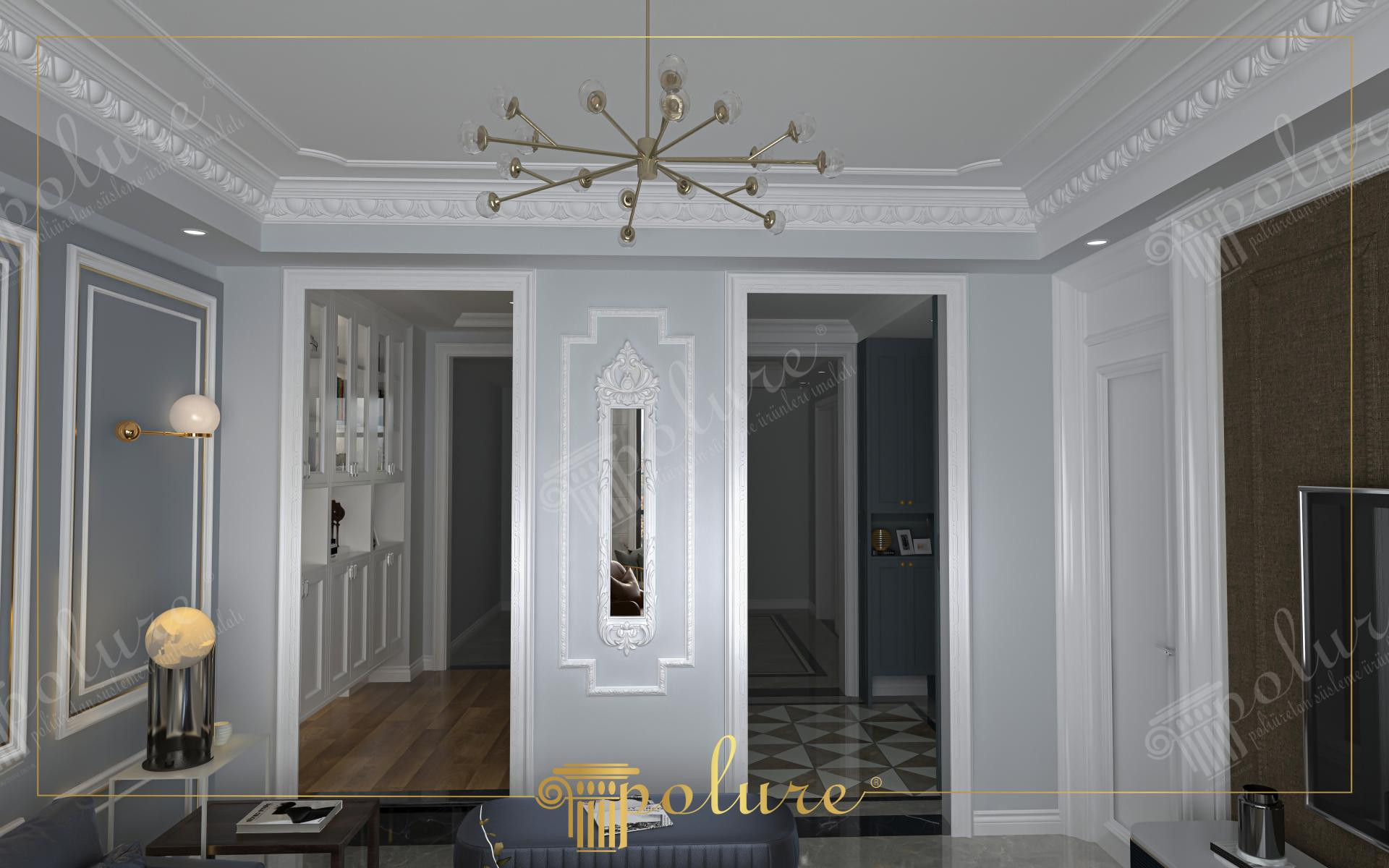 Soggiorno moderno grigio con boiserie in poliuretano Polure, cornici P85008 e cornicioni bianchi P1801.