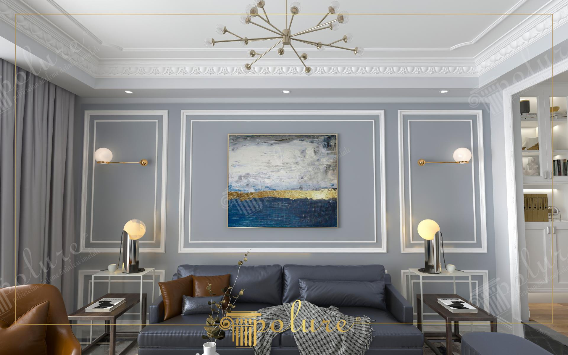 Soggiorno grigio con boiserie in poliuretano Polure, pannelli decorativi P85008 e cornici per soffitto P82058.